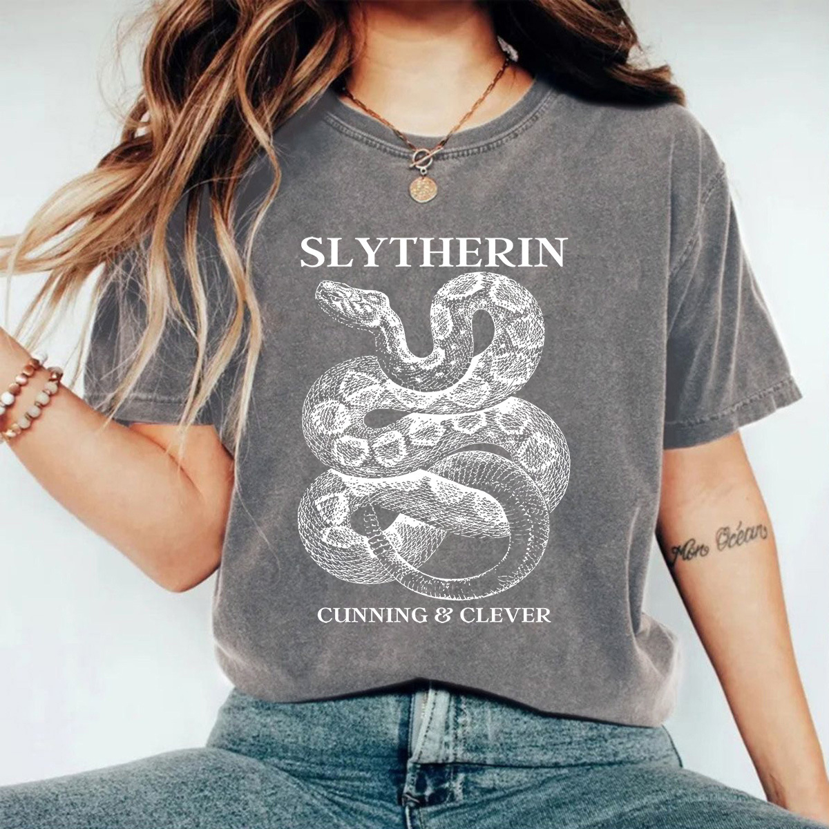 Foreign Trade Women's Summer American Retro Street SLYTHERIN Snake Print Cotton Washed Old T-shirt for Men and Women