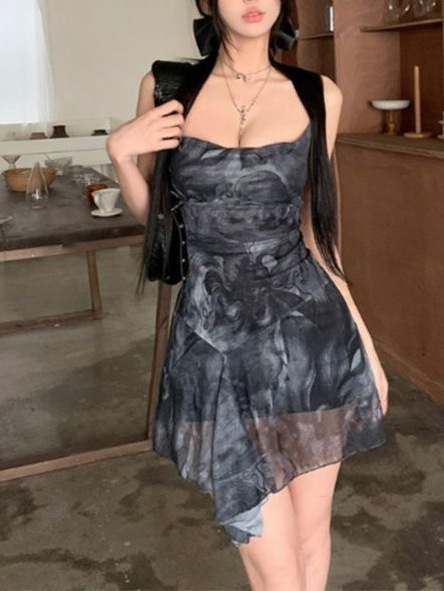 Summer Suspender Dress for Women to Wear as Outerwear, Slim and Versatile Short Skirt, Pure Lusty Hot Girl Cross Backless Irregular Print