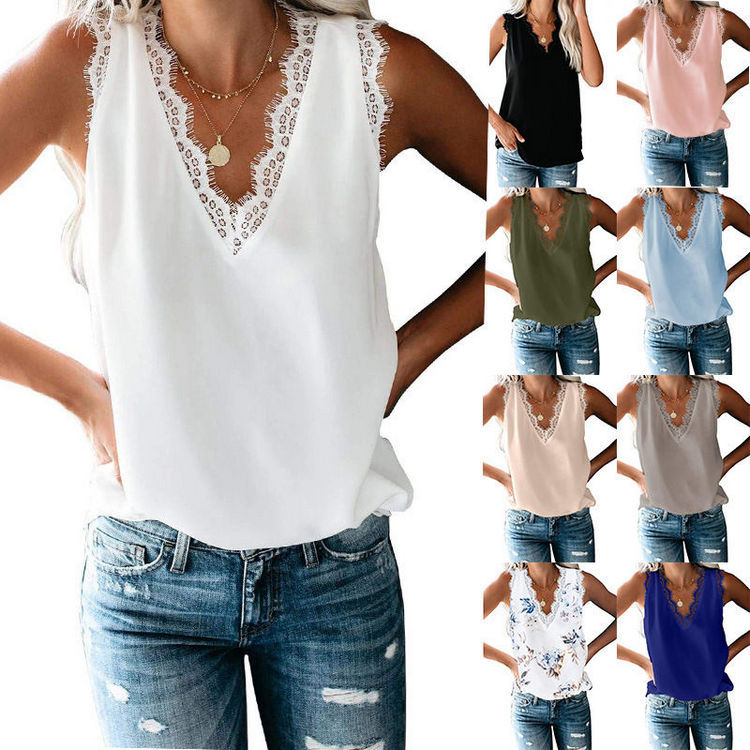 Amazon ExporT Women's Summer T-shirT Lace Edge V Neck Sleeveless Sexy Loose FiT European and American STyle VesT