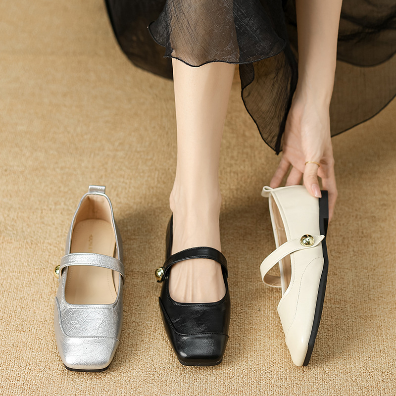 Huiliya French Square Toe Flats Shallow Mouth Flats for Women New Style with Skirt Retro Soft Sole Mary Jane Shoes W506-7