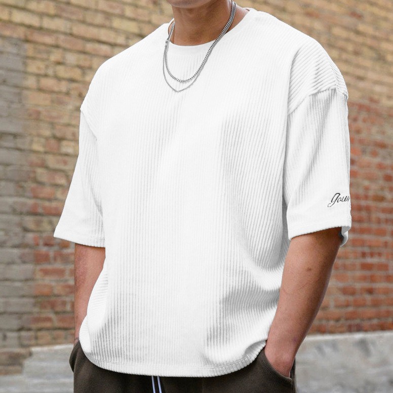 New Fitness Leisure Sports Men's Corduroy Fashionable Loose T-shirt Summer Round Neck Cotton Running Short Sleeve