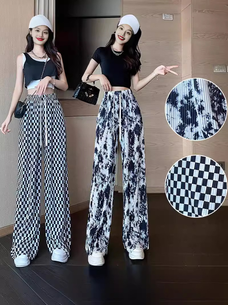 Ink Painting Tie-Dye Pants for Women in Summer High-Waisted Ice Silk Checkerboard Straight Floor-Length Fashionable Casual Wide-Leg Pants