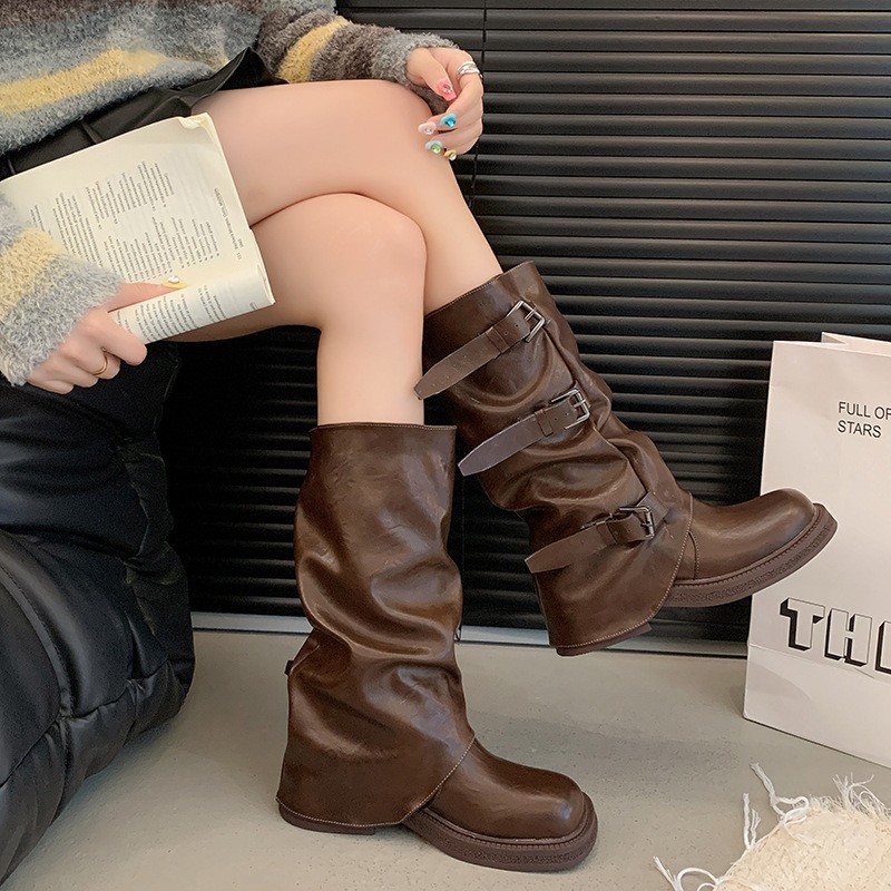 Picture of Internet celebrity belt buckle mid-leg boots women's boots autumn and winter new niche retro wasteland style pleated fashion trouser boots women