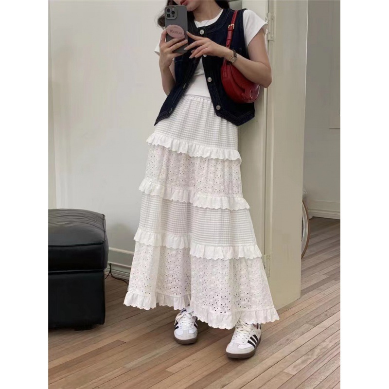 Large Size Women's 2023 Summer New Women's Lace Stitching Lady's Small Cake Skirt Slimming Half-length Dress Fairy