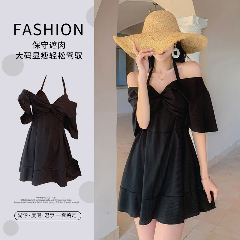 Plus Size Swimsuit for Women Ins Style Push-Up Covering Belly and Slimming Look Conservative Student One-Piece Skirt Style Pure Color Hot Spring Swimsuit Wholesale
