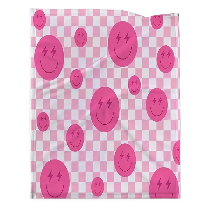 Pink plaid smiley face flannel blanket soft blanket gift for family and friends suitable for sofa bed blanket
