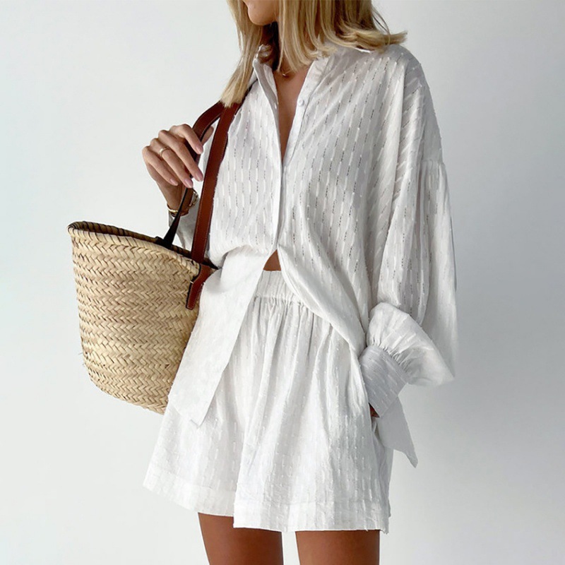 Picture of 2025 Amazon European and American Shirt Jacquard Bubble Sleeve Temperament Top Shorts Commuter Design Leisure suit