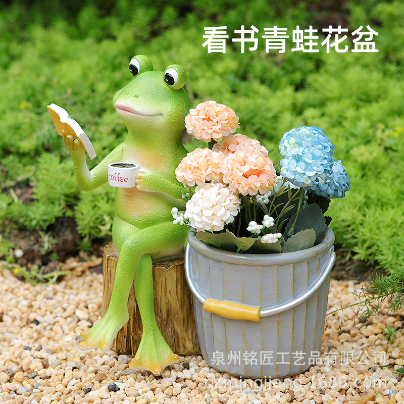 Cross-Border Cute Frog Reading Ornaments Large Flower Pot Gardening Landscaping Animal Garden Courtyard Balcony Creative Decoration