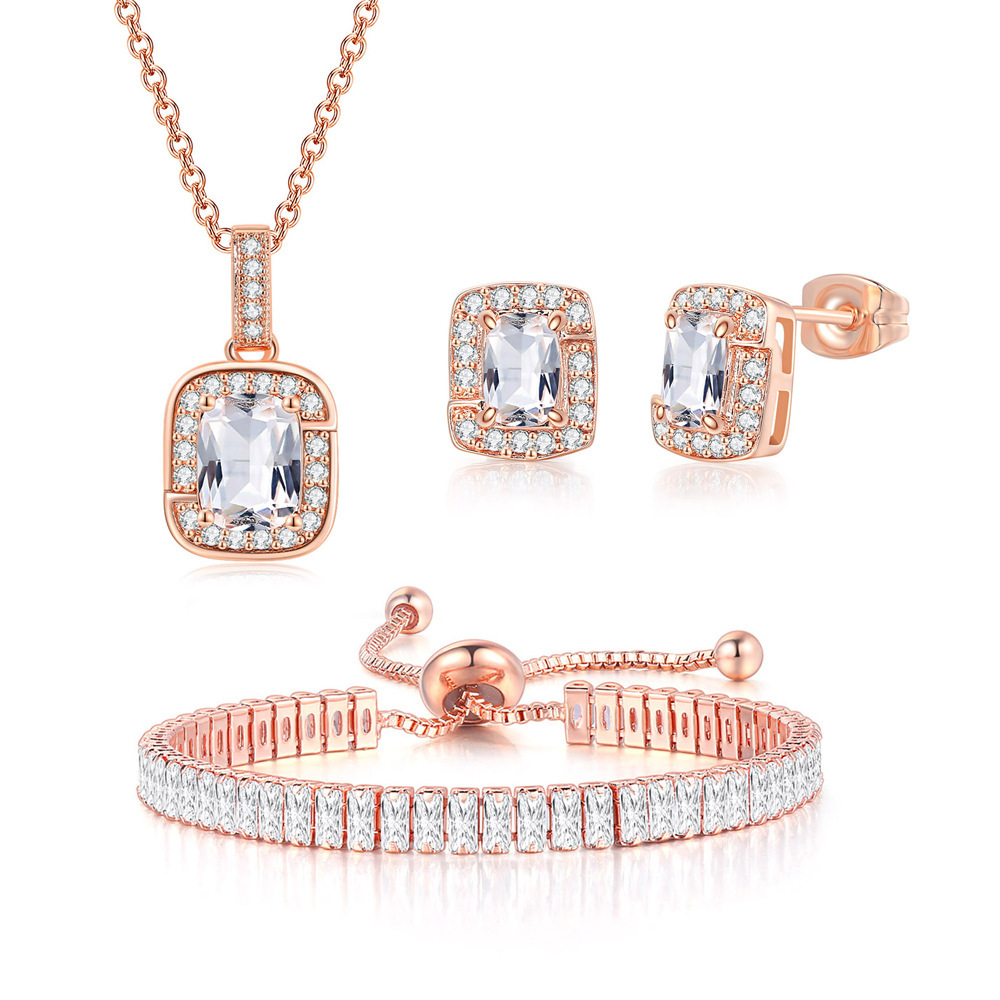 European and American Color Zircon Engagement Jewelry Set Women Square Earrings Pendant Necklace Adjustable Bracelet Cross-border Wholesale