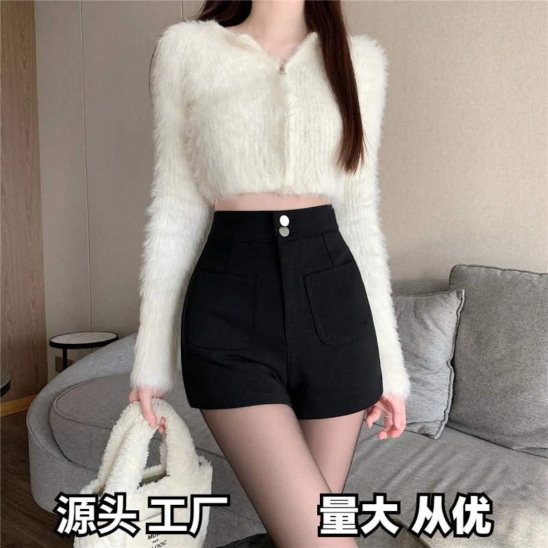 Spring and Summer New Korean Style Shorts Women's Slim-fit Slimming High Waist A- line Wide Leg Outer Wear Base Boots Women's Casual Pants Black