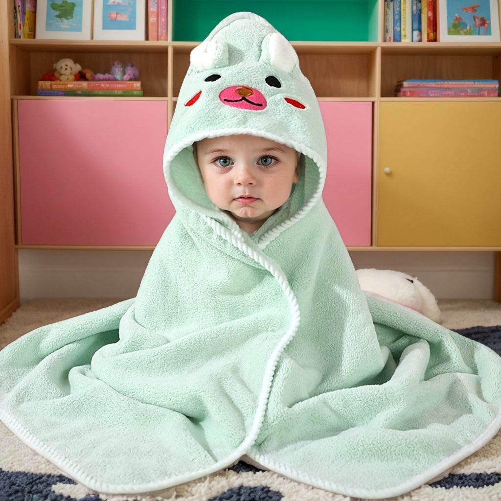 Picture of Baby Cartoon Bag Blanket Coral Fleece Absorbent Children's Bath Towel Embroidered Blanket with Hood Cloak Soft Newborn Blanket
