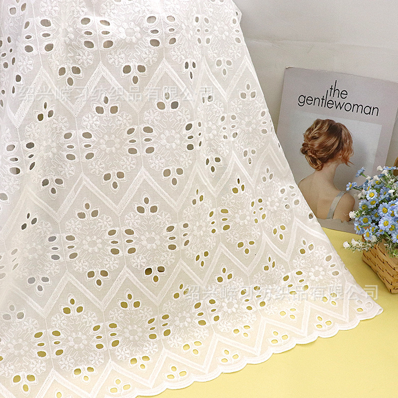 Picture of in stock variety of pure cotton hollow embroidered fabric bilateral positioning perforated spring and summer children's clothing dress white embroidered fabric