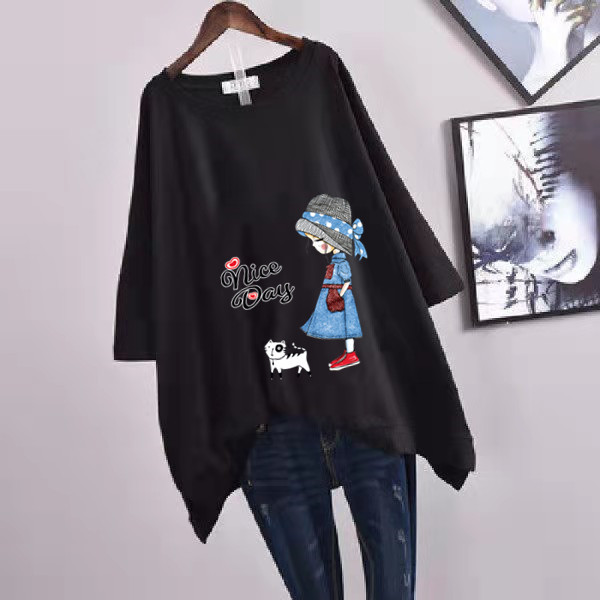 Picture of 100kg Plus Size Women's Summer Leaf Print Casual Slit Mid-Length Short Sleeve T-Shirt Loose Oversized Style
