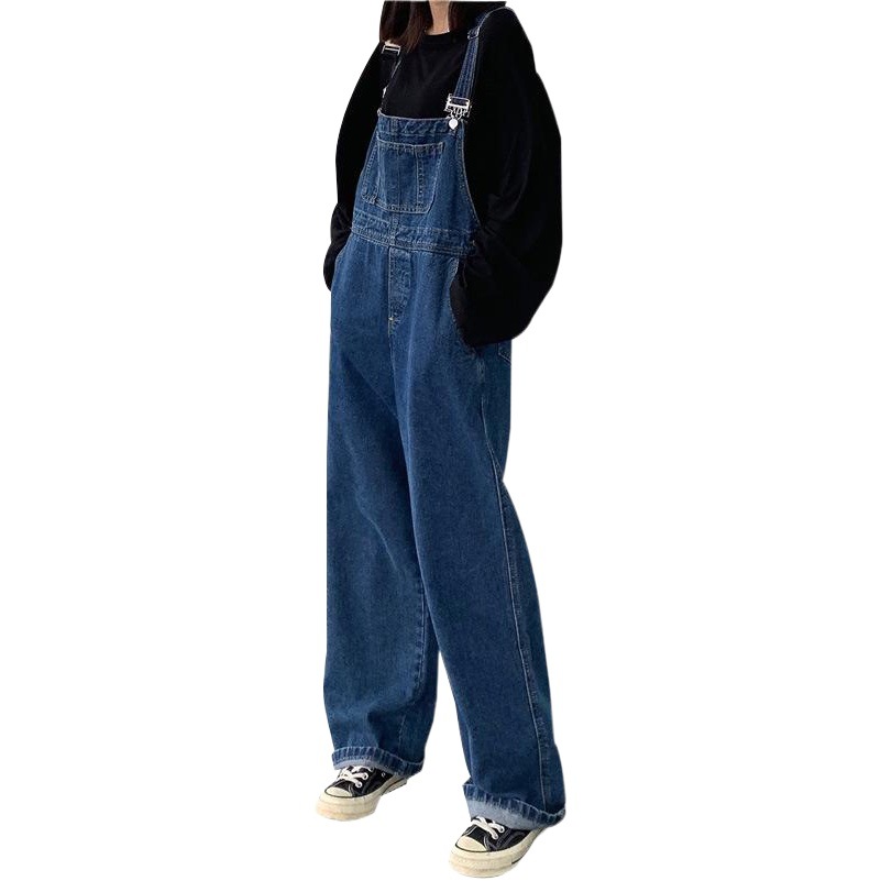 Denim suspender pants for women Spring and Autumn New Korean style loose small students age-reducing slimming wide-leg straight pants
