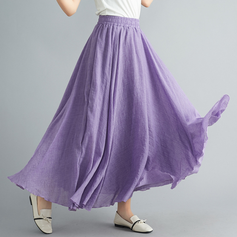 32 Sesen Women's Artistic Plus Size Cotton and Linen Skirt Women's Elastic Waist Linen A- Line Skirt Long Ethnic Style Big Swing Skirt