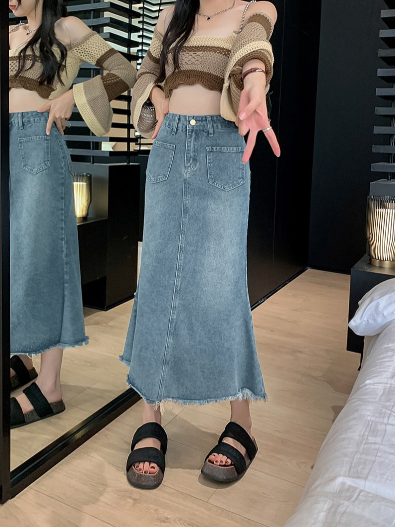Vintage Denim Skirt Women's Spring and Summer 2024 New High Waist Covering Span Slimming Small Fish Tail Mid-length Skirt