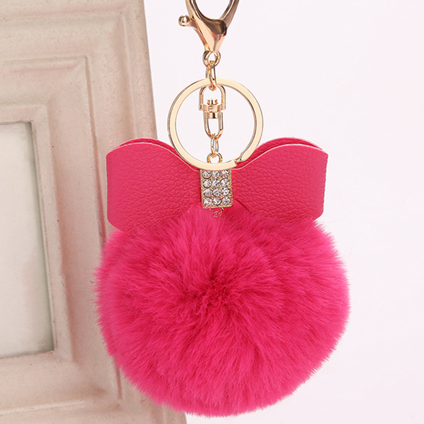 Korean Style Creative Rex Rabbit Hair Ball Diamond PU Bow Fur Bag Pendant Hair Ball Fashion Car Keychain