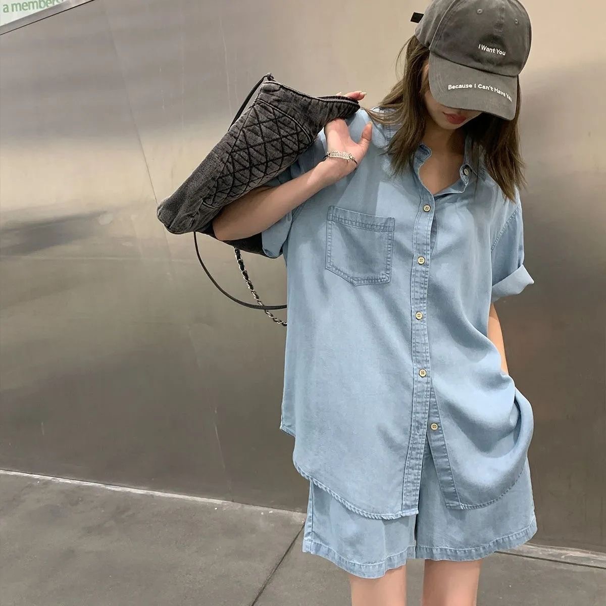 Tencel Imitation Denim suit Short-sleeved Shirt Imitation Denim Wide-leg Shorts Two-piece Set Women's 2023 Summer Korean-style Loose