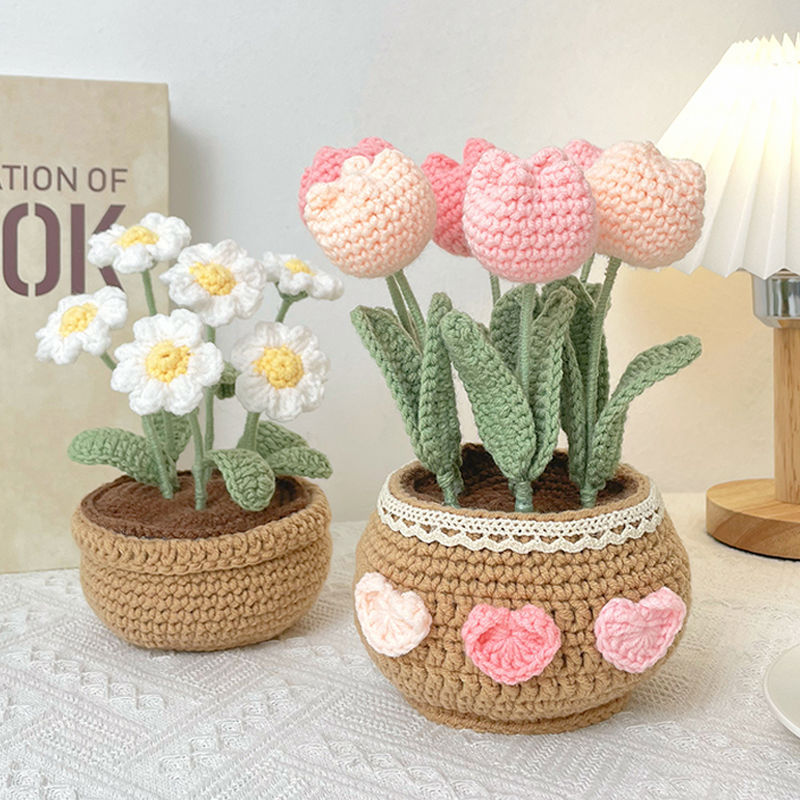 Hand-Knitted DIY Tulip Daisy Potted Bouquet Wool Crochet Material Package Homemade Ornaments Immortalized Flowers