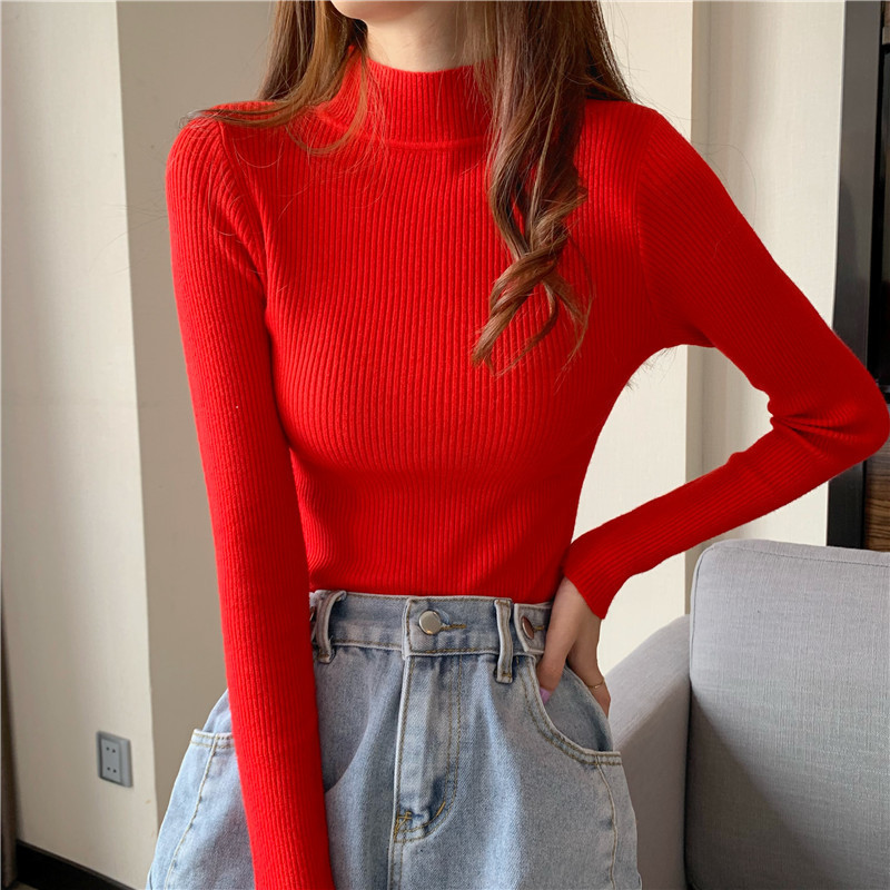 Picture of Sweater women's 2022 new autumn and winter long sleeve inner Slim Korean base shirt half high collar pullover sweater wholesale