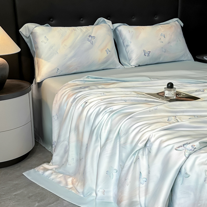 Picture of Super Cool Lenzing Tencel Summer Cool Quilt Four-Piece Set A-Type Pink Floral Ice Silk Air-Conditioned Quilt Thin Quilt Machine Washable 4