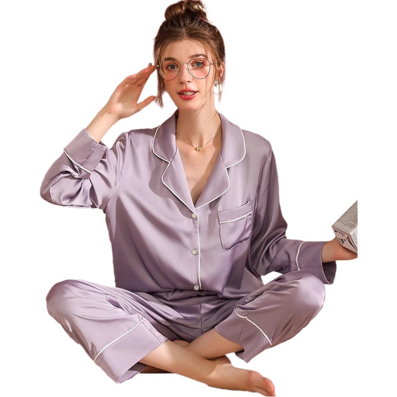 Cross-border high-end pair of cardigan pajamas women's spring and summer simple solid color comfortable home clothing ice silk suit wholesale