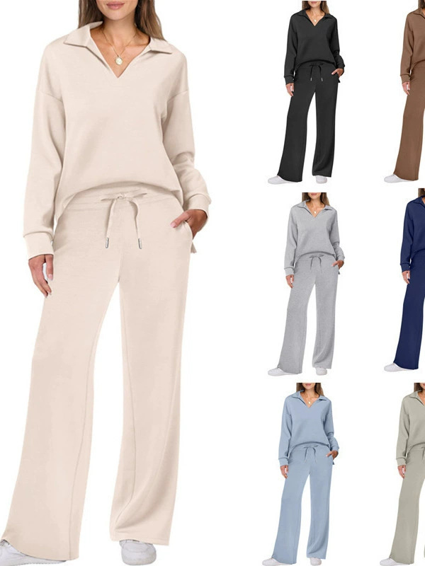 Amazon Independent Station Loose V-neck Long-sleeved Top with Drawstring Design, Two Pants with Loose Waist and Trumpet