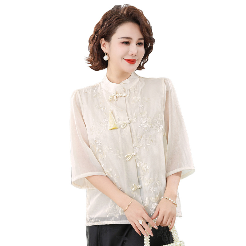 Picture of Mother's Summer Dress New Chinese Style National Style Embroidered Tassel Vertical Collar Mid-Sleeve Chiffon Shirt Thin Middle-Aged Women's Elegant Shirt