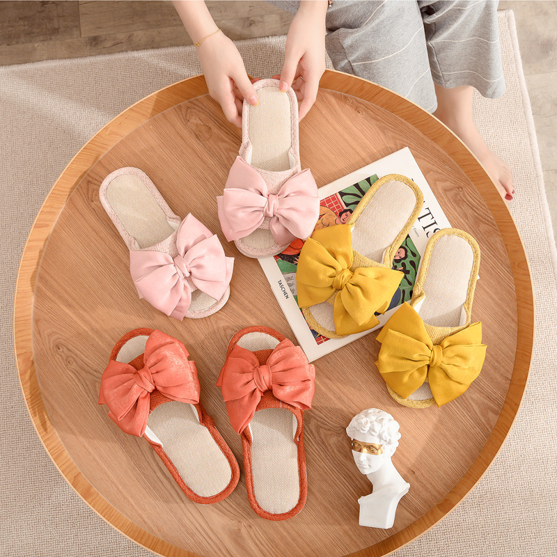 Home linen slippers women's summer big bow dormitory student slippers breathable indoor fabric one-word slippers wholesale