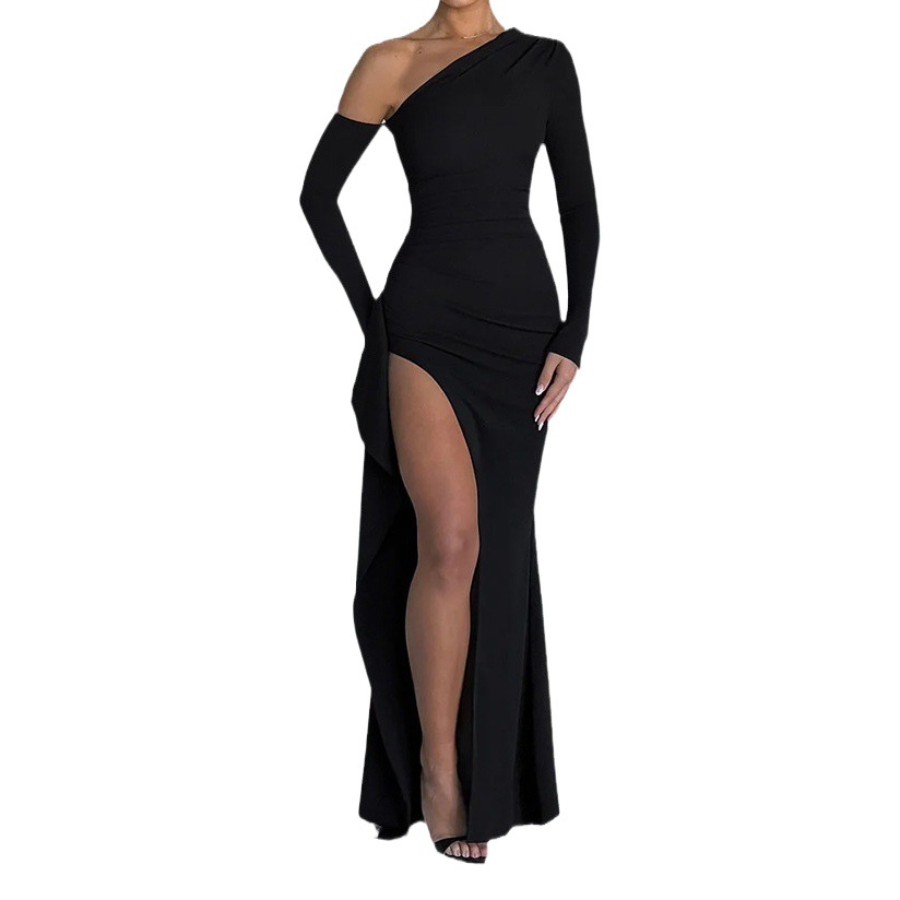 Cross-border foreign trade independent station European and American women's dress 2023 autumn new fashion sexy slit solid color dress