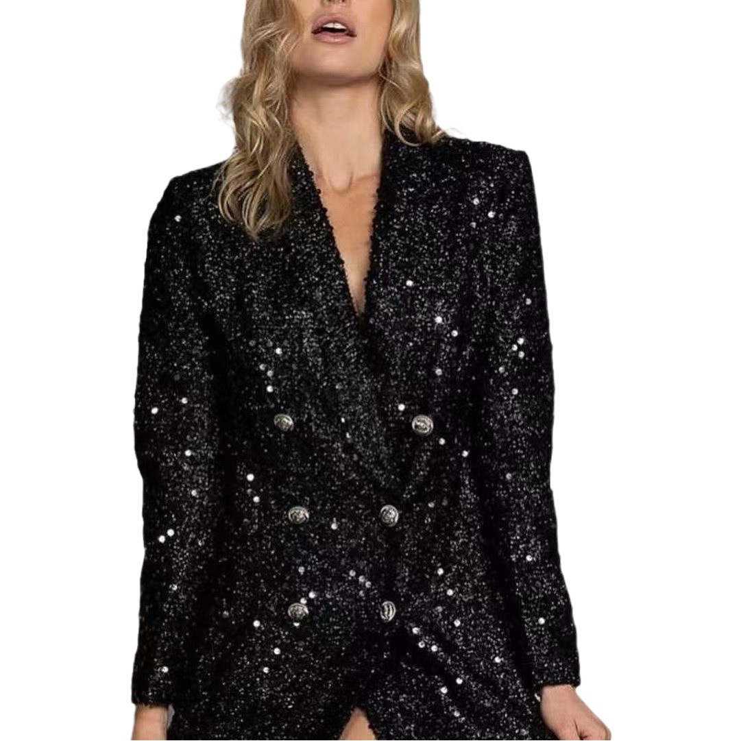 Cross-Border European and American Style V-Neck Elegant Blazer Double-Breasted Black Sequin Slim Long Top with Sequin Embellishments