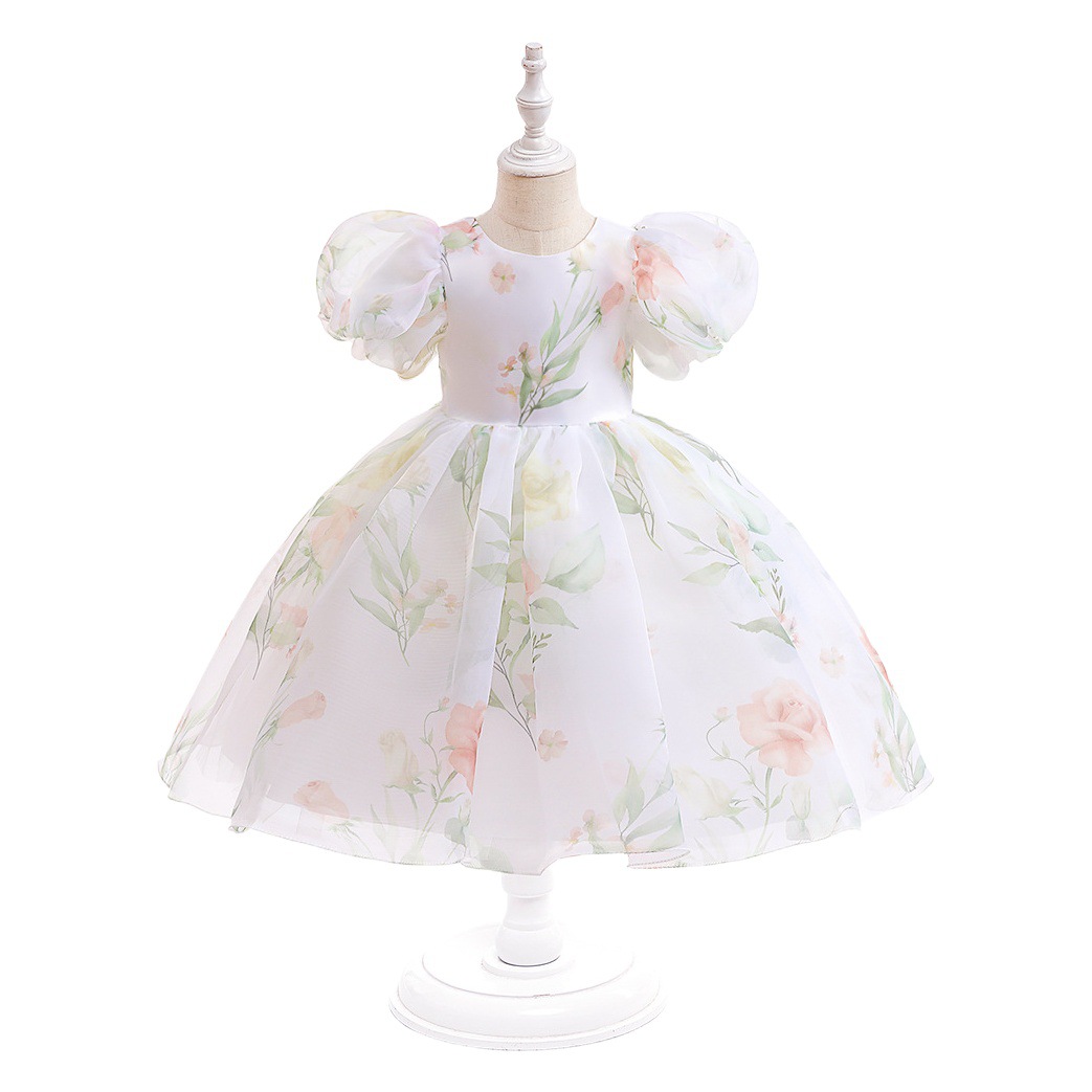 2024 Summer New Girls' Dress European and American Puff Sleeve Princess Dress Children Floral Dress Mesh Tutu Dress