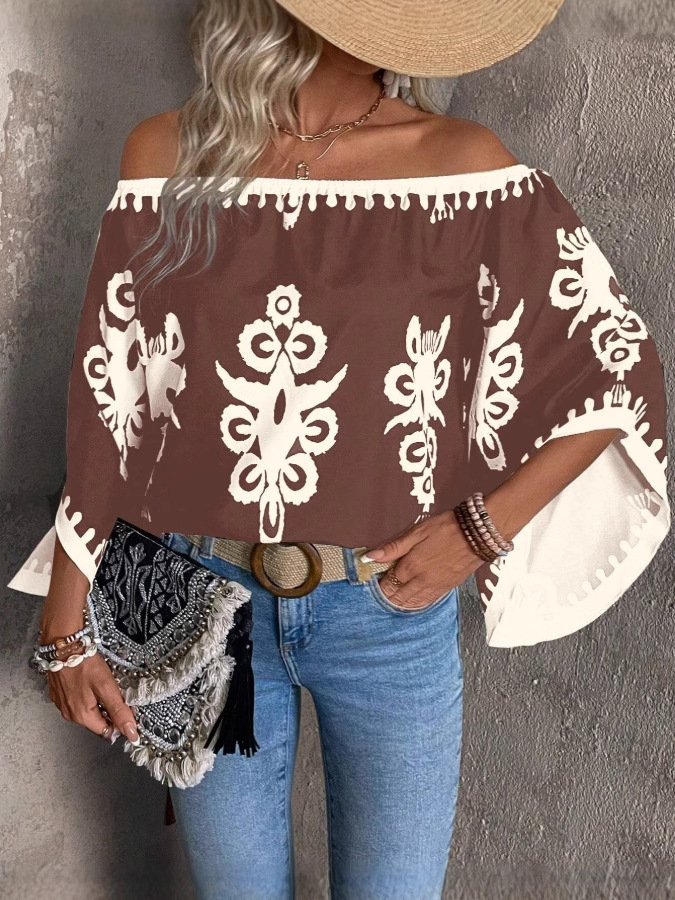 Picture of Amazon 2025 AliExpress Cross-border European and American New Fashion Loose Printed Bat Sleeve Top for Women