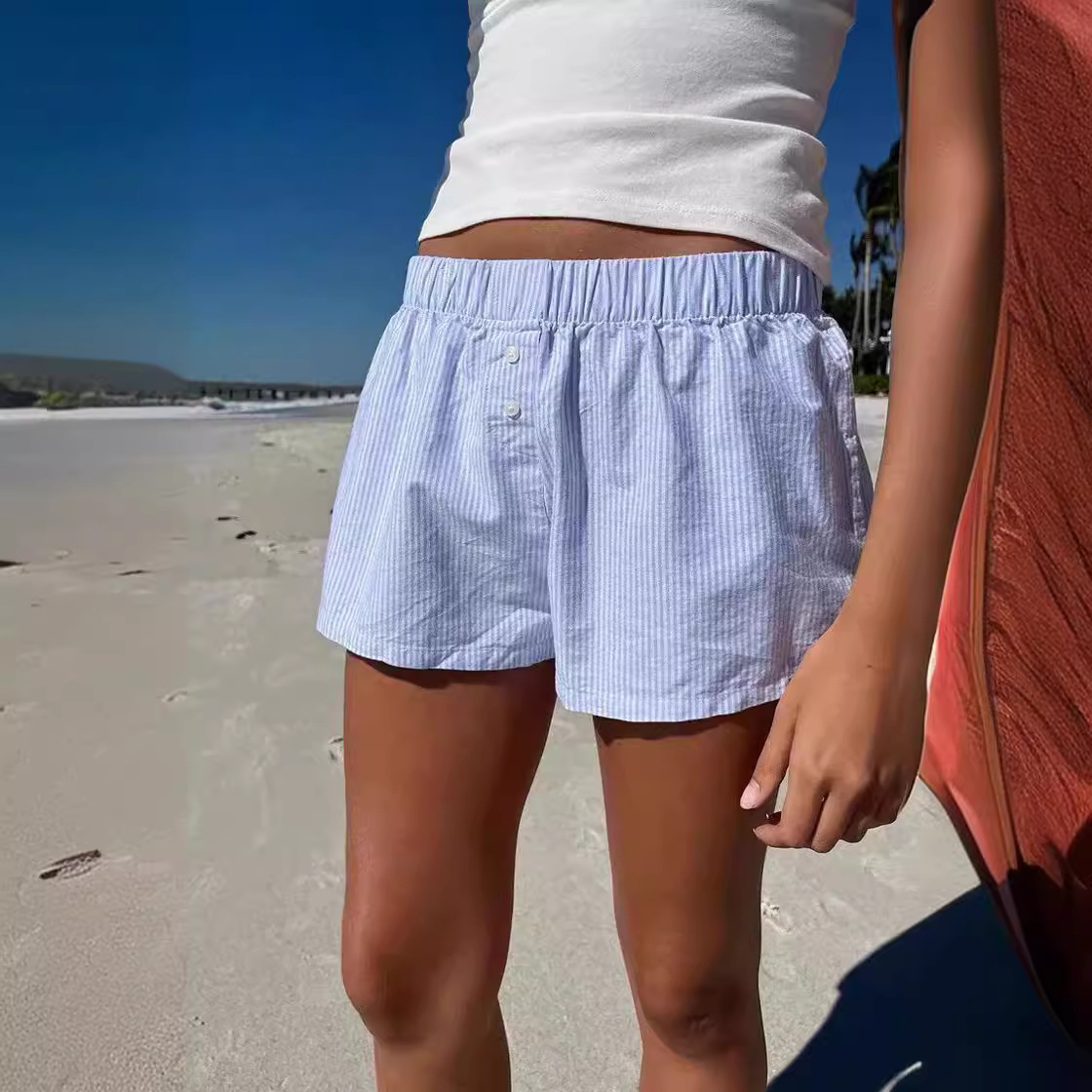 BM Style Blue and White Striped Button Casual Shorts Women's Hot Pants Loose Slim Beach Pants Bm Sports Home Wide Leg Pants