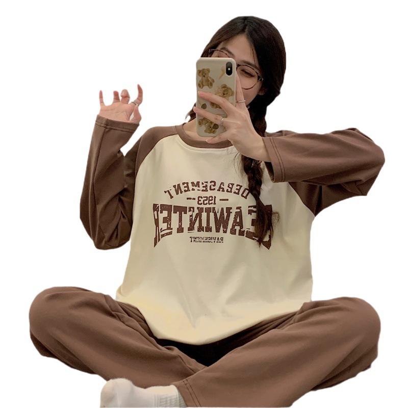 Pajamas Women's Autumn with Chest Pad Outer Wearing New Long Sleeve Trousers Round Neck Loose Spring and Autumn Home Clothes Casual suit