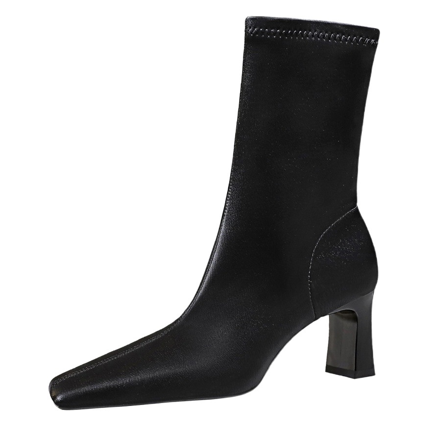 375-5 retro European and American style simple Slimming short women's boots thin boots thick heel high heel square toe winter short boots