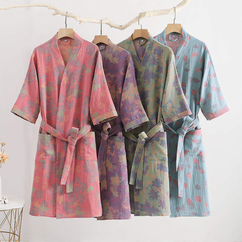 Pure Cotton Double Gauze Bathrobe Class A Spring and Summer Thin Pajamas Home Clothes Nightgown Women's Water Absorbent Quick-drying Bathrobe