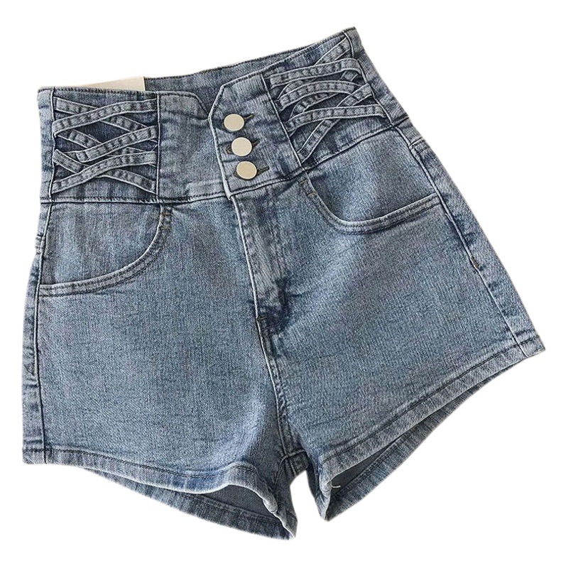 Super High Waist Denim Shorts Women's Stretch Straight Hot Pants Summer Design Sense Buckle Cross Slim Wide Leg Pants for Women