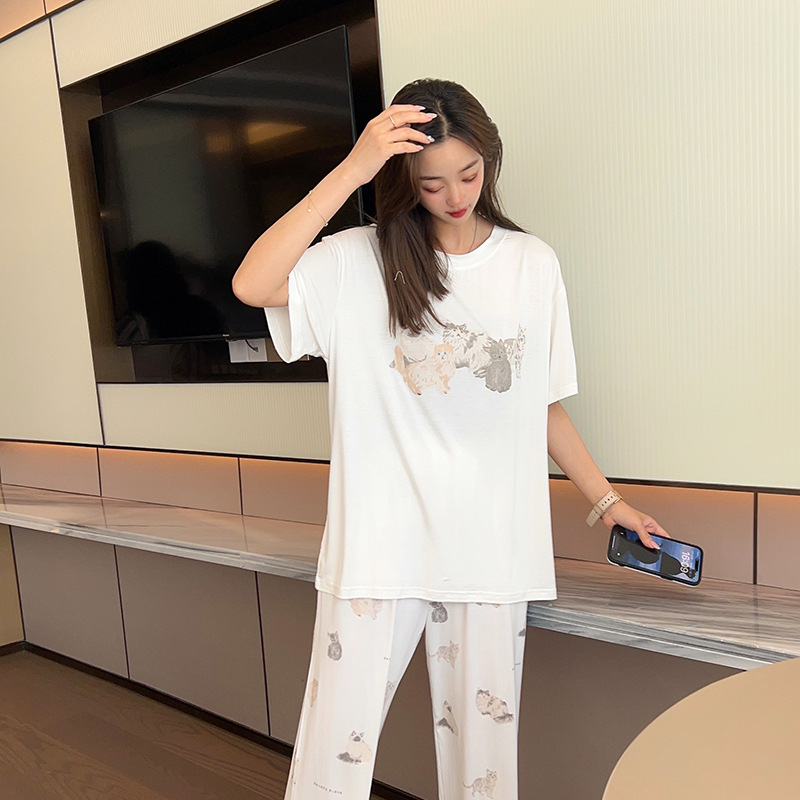 Pajamas women's summer Japanese modal cotton cute hand-painted cat cartoon loose short-sleeved trousers home wear Women
