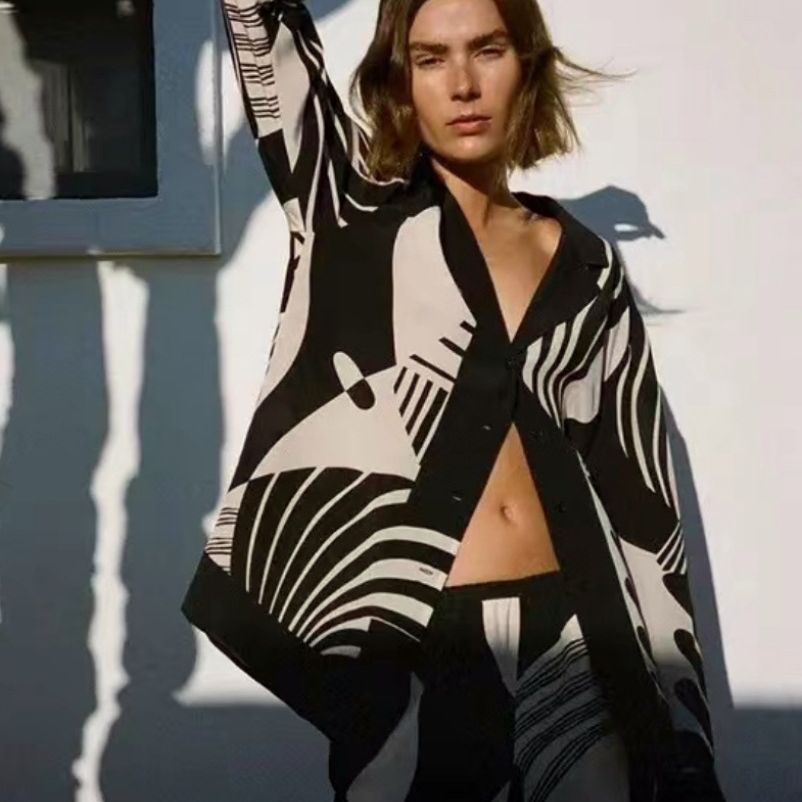 Amazon AliExpress 2023 autumn new fashion printed long cardigan straight pants suit two-piece women's ins
