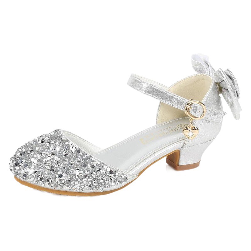 Girls' High-heeled Shoes Little Princess Performance Leather Shoes silver Children's Matching Dress Large Children's Show Stage Crystal Shoes