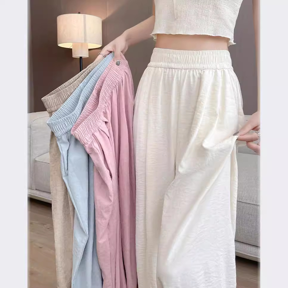 White High-End Acetate Satin Milk Pants for Women, Summer Floor-Length Pants, Japanese Style Style Lazy Style Yamamoto Casual Wide-Leg Pants