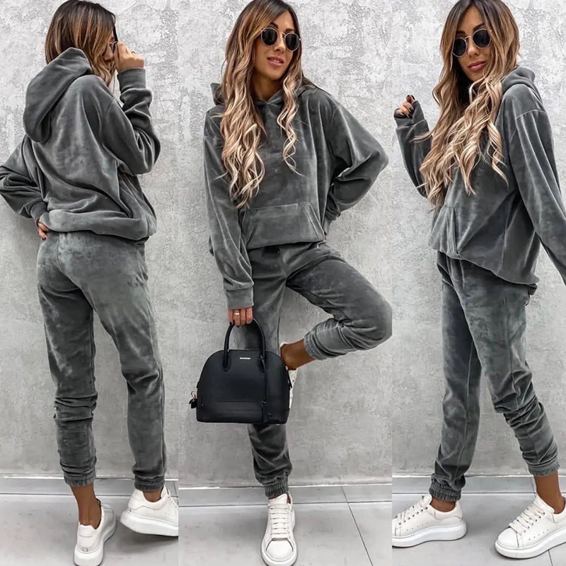 Cross-border New Amazon European and American Casual Women's suit Solid Color Hooded Sweat Sports Pants Autumn Two-piece Set