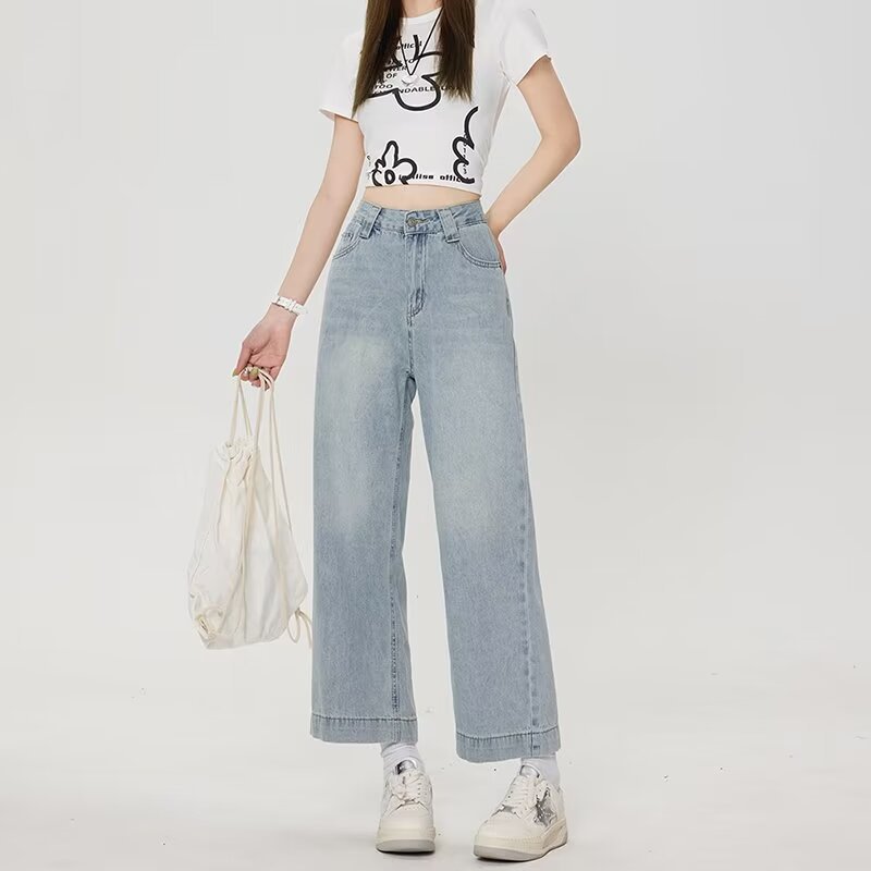light blue Cropped Wide Leg Jeans Girls Summer 2024 New High Waist Dipped Loose Straight Trendy Pants