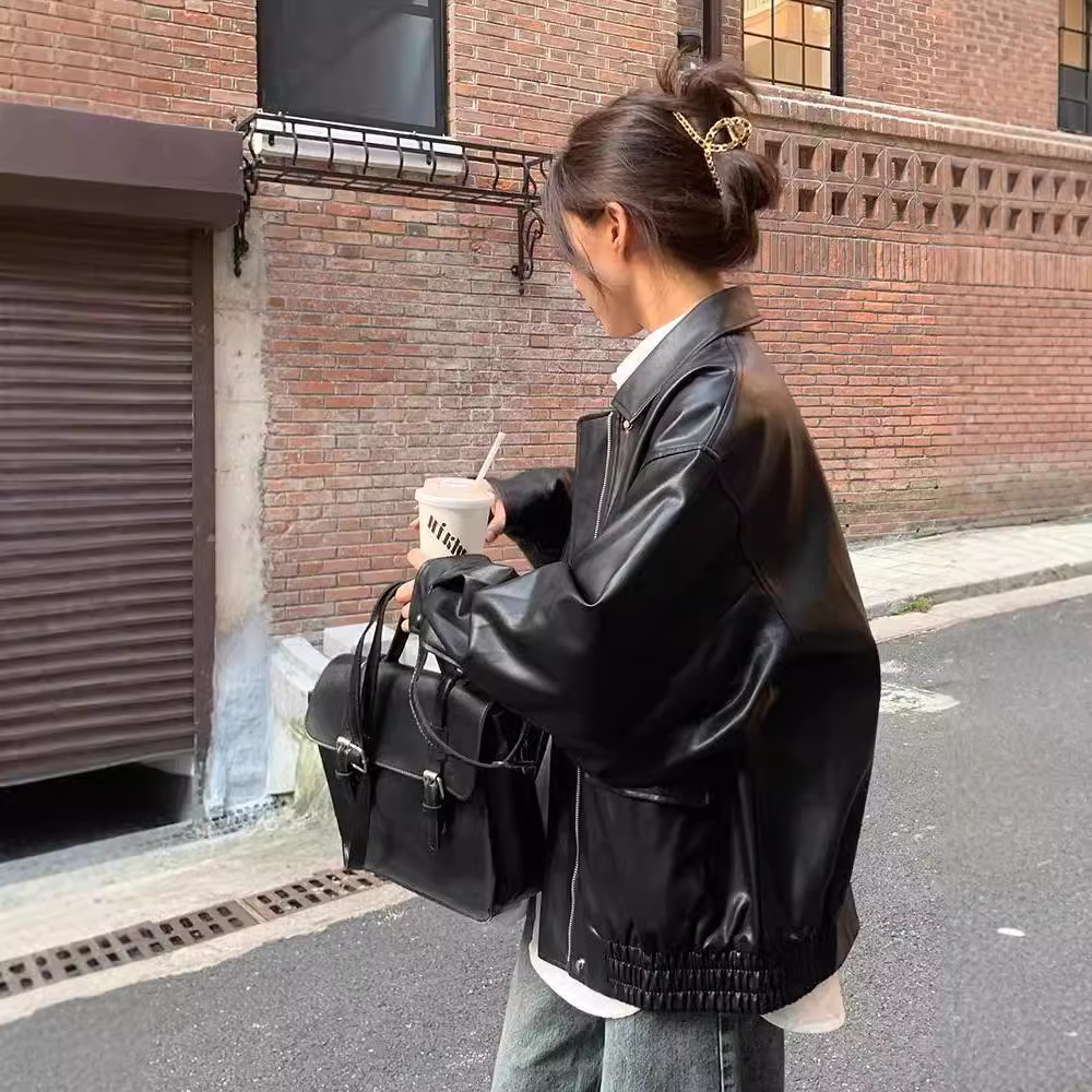 Picture of Retro Brown Leather Jacket Women's Short 2025 Autumn and Winter Small Korean Style Loose Leather Jacket Handsome Motorcycle Jacket