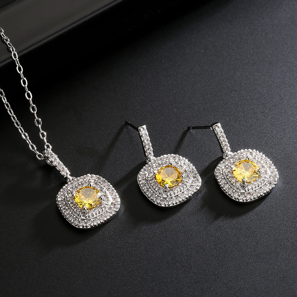 RAKOL Cross-border Classic Hot Selling Square Zircon Earrings Necklace Women's Korean Style Exquisite Shining Yellow Diamond Jewelry Set