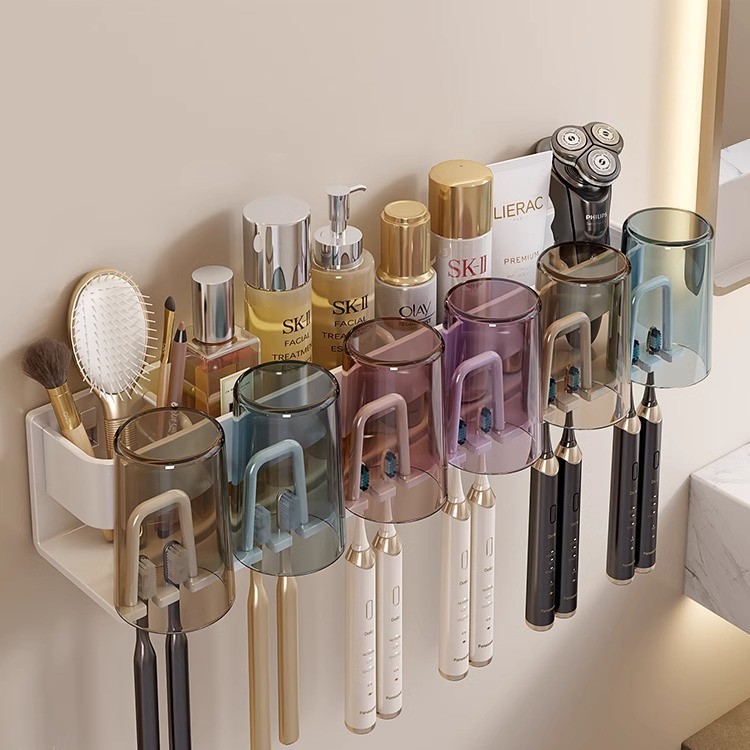 Picture of Toothbrush Storage Rack Non-Punch Brush Cup Mouthwash Cup Rack Wall-Mounted Bathroom Household Toothware Hanger