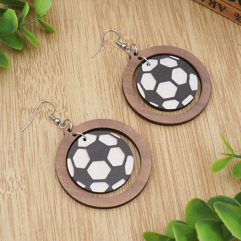 Picture of European and American Cross-border New Football World Cup Earrings Geometric Round Earrings Double-sided Wooden Earrings Sports Accessories