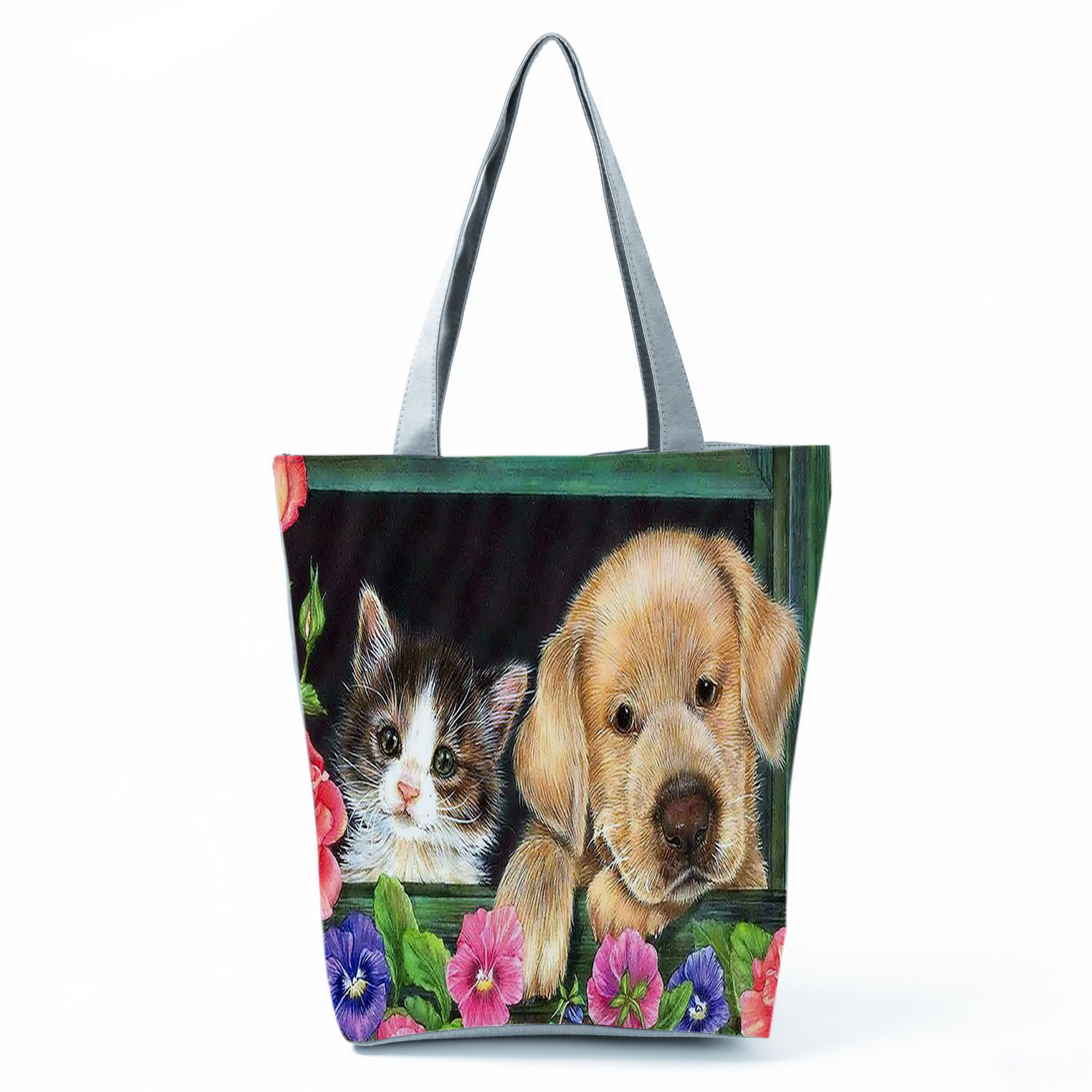 Picture of New cute flower cat printed shoulder bag portable travel storage bag large capacity outdoor tote bag