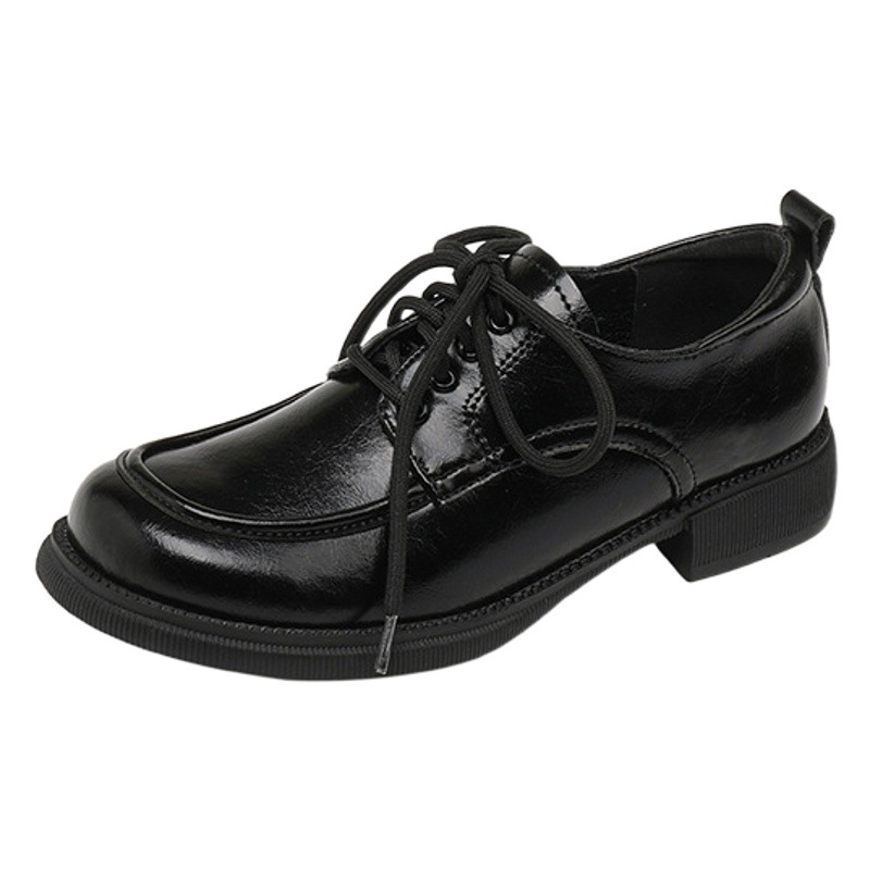 Genuine Leather Lace-Up Small Leather Shoes for Women British Style 2025 Spring and Autum New Thick-Soled Loafers Thick Heel Large Size Women's Shoes